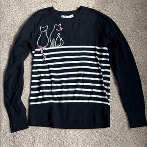 LOFT Black and White Sweater Cat Graphic